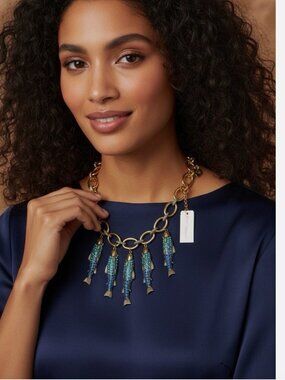 NWT Betsey Johnson Mermaid Jewels Crystal Sardine Fish Fringe Pendant Necklace